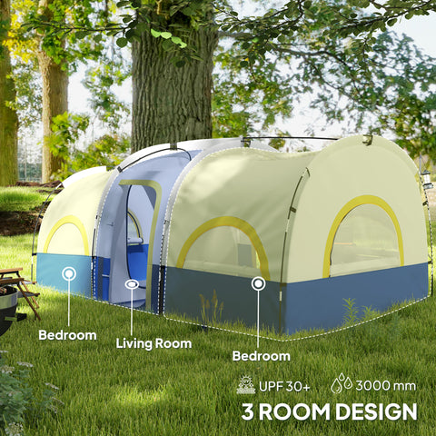Image of 4 Person Camping Tent, 3 Room Cabin Tent, 3000mm Waterproof and UPF30+ with Sewn in Groundsheet and Carry Bag, Blue