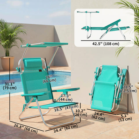 Image of 2 Piece Folding Beach Chairs with Adjustable Canopy, 6-Position Reclining Lounge Chair with Headrest, Turquoise