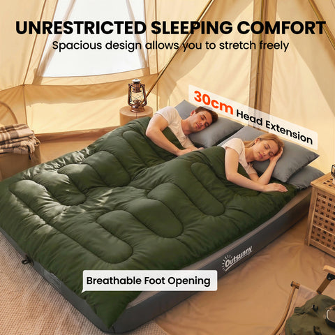 Image of Double Sleeping Bag for Adults, Queen Size 2 Person Sleeping Bag with 2 Pillows, for Cold Weather & Warm, Green