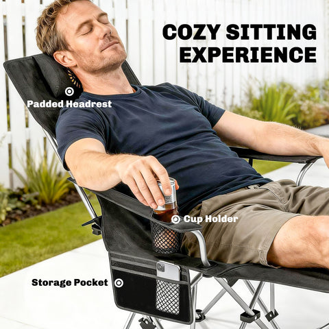 Image of Set of 2 Reclining Camping Chair with Foot Rest, Folding Camping Chair w/ Headrest, Cup Holder, Storage Bag, Black