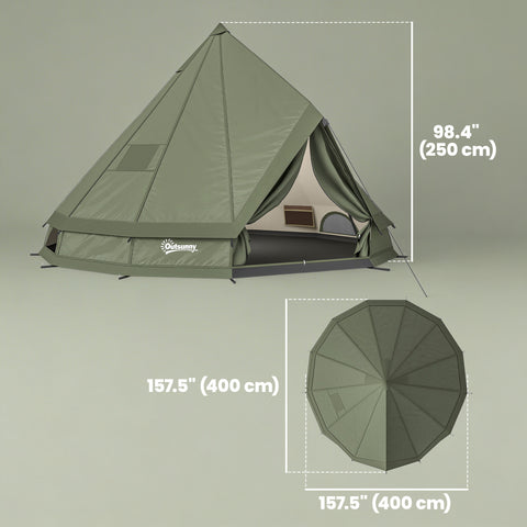 Image of Teepee Tent Waterproof Camping Tent with Stove Jack for 4-6 Person Outdoor Camping Hiking Army Green