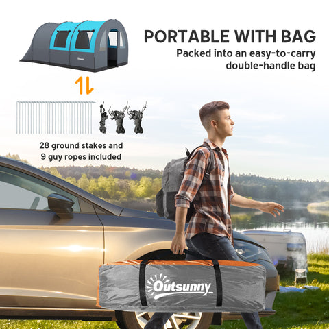 Image of 5-6 Person Camping Tent with Living Room and Bedroom, 3000mm Waterproof Tunnel Large Family Tent, Grey and Blue
