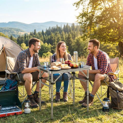 Image of 2ft Folding Camping Table, Picnic Table with Mesh Storage Layer, 4 Adjustable Heights and Carrying Handle, Black