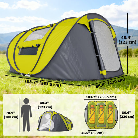 Image of 4 Person Camping Tent, Easy Pop Up Tent with Doors, Windows and Carry Bag, Automatic Setup Tent for Hiking, Yellow