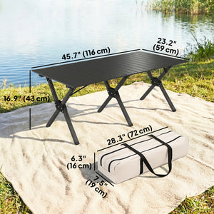 4ft Folding Camping Table, Waterproof Picnic Table with Roll Up Top and Metal Frame, Black