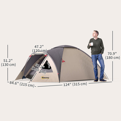 Image of 2 Person Camping Tent, Waterproof Family Dome Tent with Bedroom, Porch, Sewn-in Groundsheet and Hook, Khaki