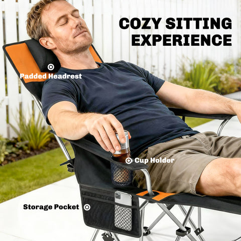 Image of Set of 2 Reclining Camping Chair with Foot Rest, Folding Camping Chair w/ Headrest, Cup Holder, Storage Bag, Orange