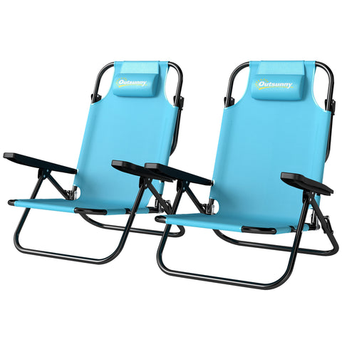 Image of beach gear -  Set of 2 Beach Chair 5-Position Adjustable Folding Camping Chair with Headrest Armrests Light Blue