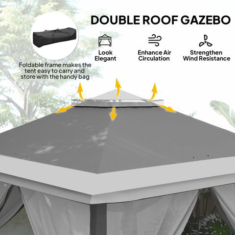 Image of 11' x 11' Pop Up Gazebo, Double Roof Foldable Height Adjustable Canopy Tent with Mesh Sidewalls, Carrying Bag, Dark Grey