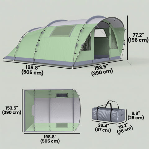 Image of Multi-Room Camping Tent for 5 Person, Easy Set up Large Family Tent with 4 Windows, Porch, Light Green