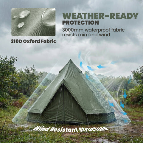Image of Teepee Tent Waterproof Camping Tent with Stove Jack for 4-6 Person Outdoor Camping Hiking Army Green