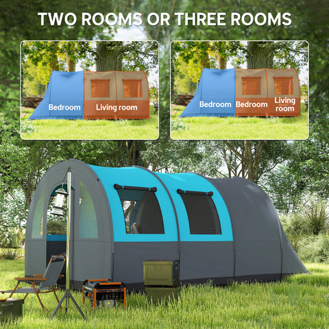 Image of 5-6 Person Camping Tent with Living Room and Bedroom, 3000mm Waterproof Tunnel Large Family Tent, Grey and Blue