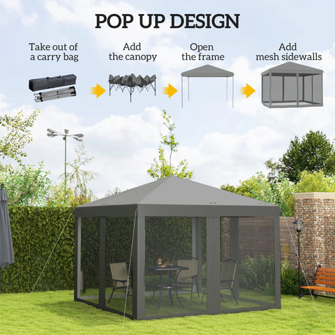 Image of 10' x 10' Pop Up Canopy Tent Gazebo, Foldable Canopy Tent with Zipper Mesh Sidewalls, Light Grey