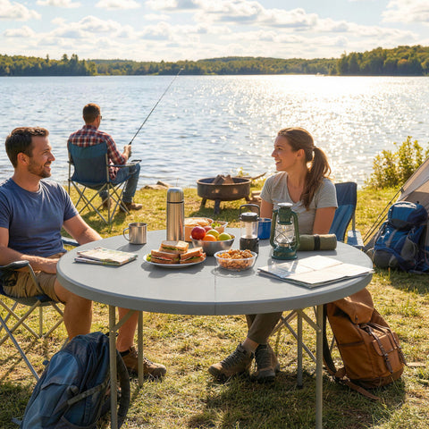 Image of 4ft Plastic Folding Picnic Table, Camping Table with Anti-Slip Foot Pads, Indoor Outdoor for Beach, BBQ, Grey