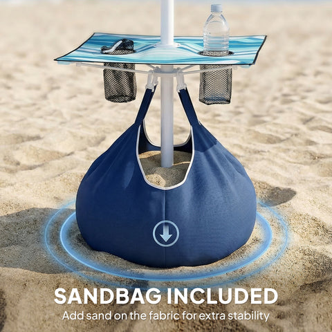 Image of 6 ft Portable Beach Umbrella with Foldable Table, Tilting Outdoor Sun Shade with Sand Anchor, Sandbag, Dark Blue
