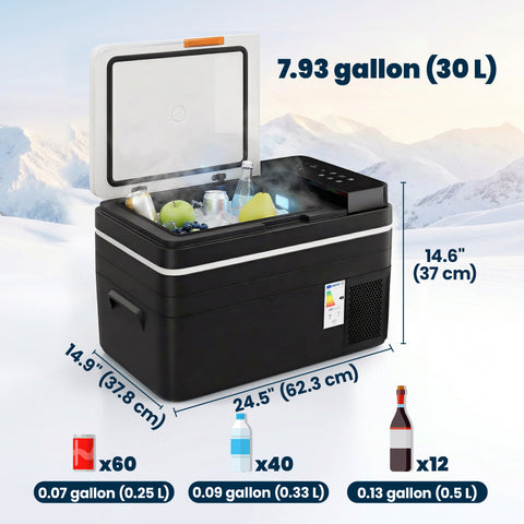 Image of 12 Volt Car Refrigerator, 32QT Car Fridge with App Control, 12/24V DC and 100-240V AC, Black