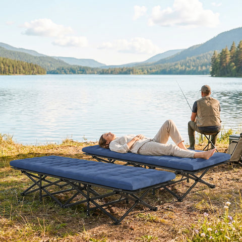 Image of Set of 2 Camping Cot with Soft Pad, 32" Extra Wide Folding Cots with Non-Slip Feet and Carry Bag, Blue