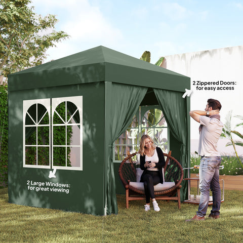 Image of 6.6'x6.6' Pop Up Canopy Tent with Sidewalls, Instant Sun Shelter Camping Gazebo with Carry Bag, Dark Green