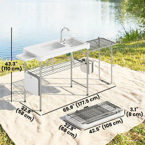 Fish Cleaning Table Folding Sink Portable Camping Sink with Side Shelf & Bottom Rack for Outdoor White