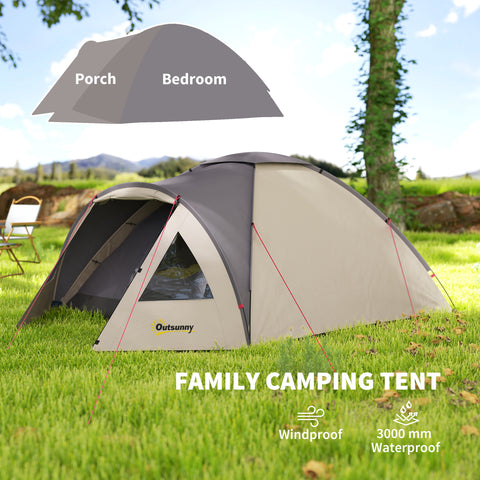 Image of 2 Person Camping Tent, Waterproof Family Dome Tent with Bedroom, Porch, Sewn-in Groundsheet and Hook, Khaki