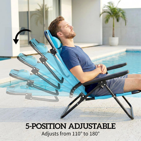 Image of Set of 2 Beach Chair 5-Position Adjustable Folding Camping Chair with Headrest Armrests Light Blue